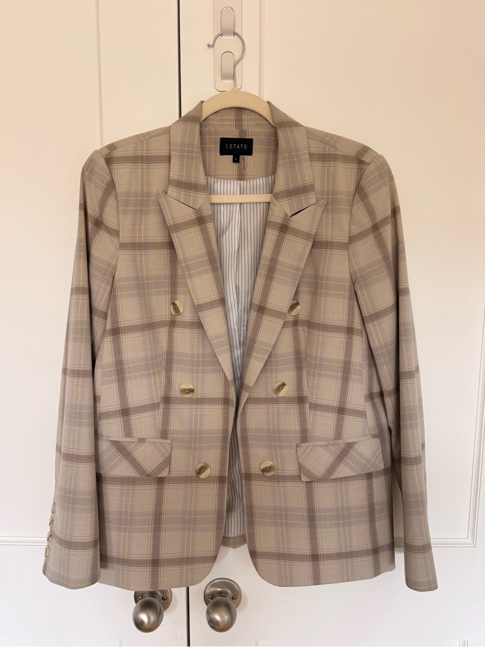 1.STATE Beige Plaid Double-Breasted Blazer with Gold Buttons